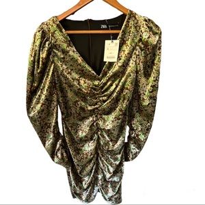 Zara velour ruched long sleeve mini dress size small